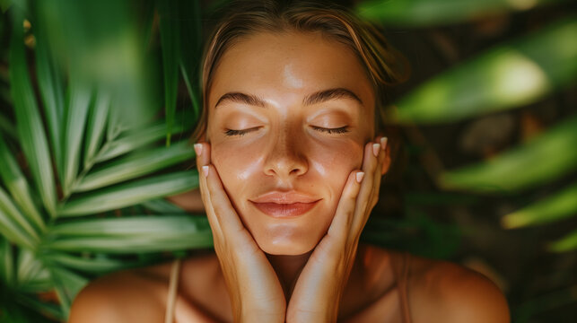 Overhead View of Beautiful Woman Relaxing on Sand with Palm Leaf Shadows on Her Face, Summer Vibes