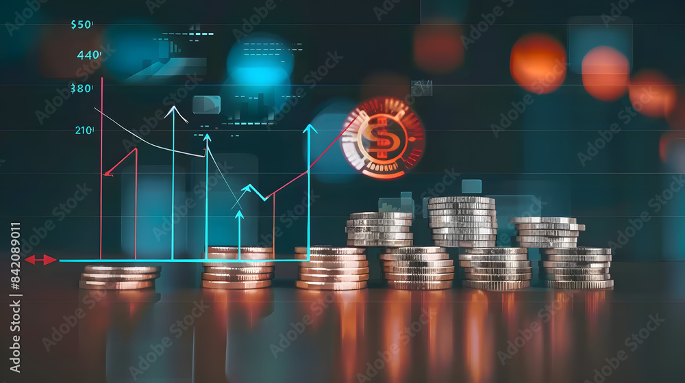 Poster a stack of coins with digital graphs and arrows showing blades in the background. indicating growth 