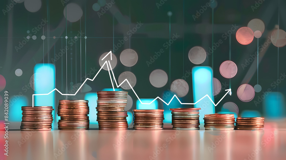 Poster a stack of coins with digital graphs and arrows showing blades in the background. indicating growth 