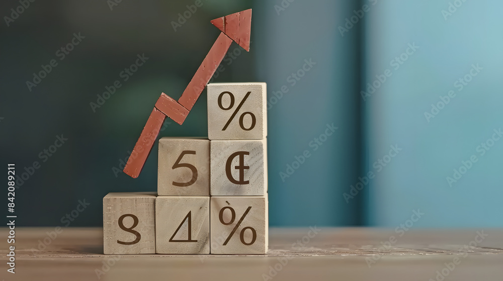 Poster a stock market graph made of wooden blocks with an arrow pointing upwards and the text % on it. symb