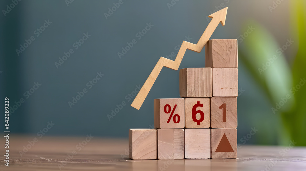 Poster a stock market graph made of wooden blocks with an arrow pointing upwards and the text % on it. symb