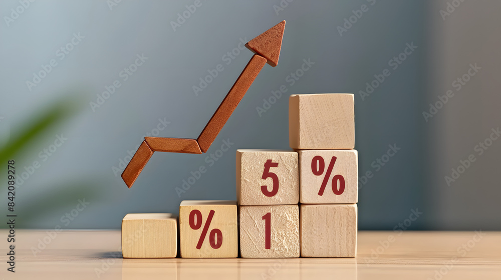 Poster a stock market graph made of wooden blocks with an arrow pointing upwards and the text % on it. symb