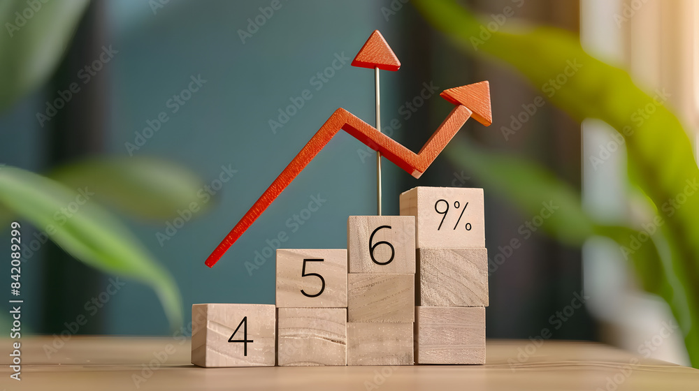 Poster a stock market graph made of wooden blocks with an arrow pointing upwards and the text % on it. symb