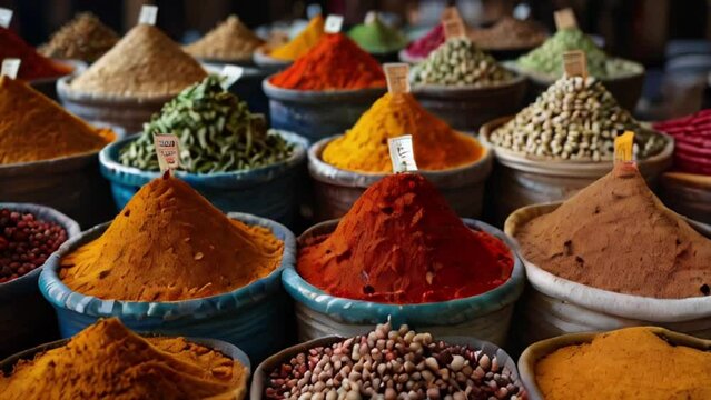Colorful Assortment of Spices in Baskets at a Market