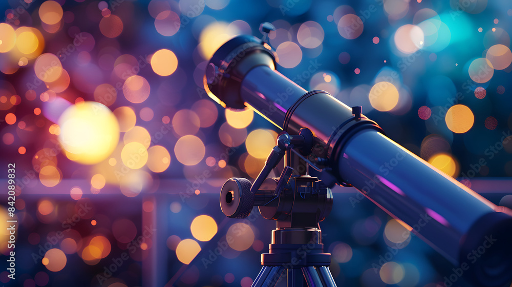 Aufkleber a telescope positioned in front of a luminous big bokeh. shallow depth of field. brilliant lighting.