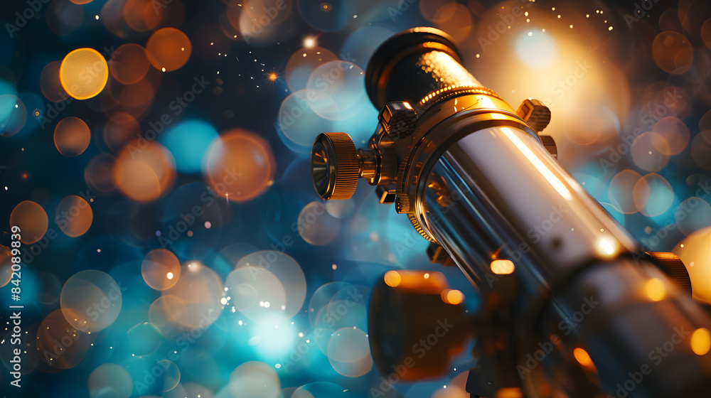 Aufkleber a telescope positioned in front of a luminous big bokeh. shallow depth of field. brilliant lighting.
