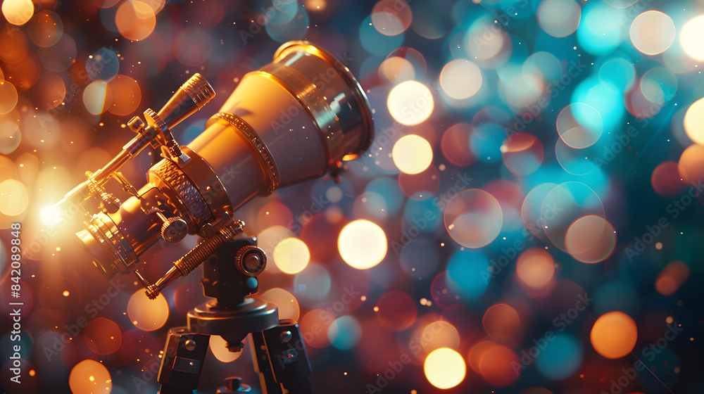 Poster a telescope positioned in front of a luminous big bokeh. shallow depth of field. brilliant lighting.