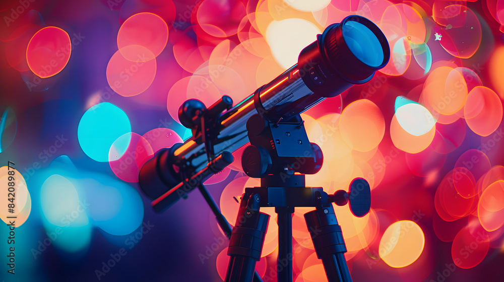 Aufkleber a telescope set up in front of a colorful large bokeh. shallow depth of field. stunning lighting. wi