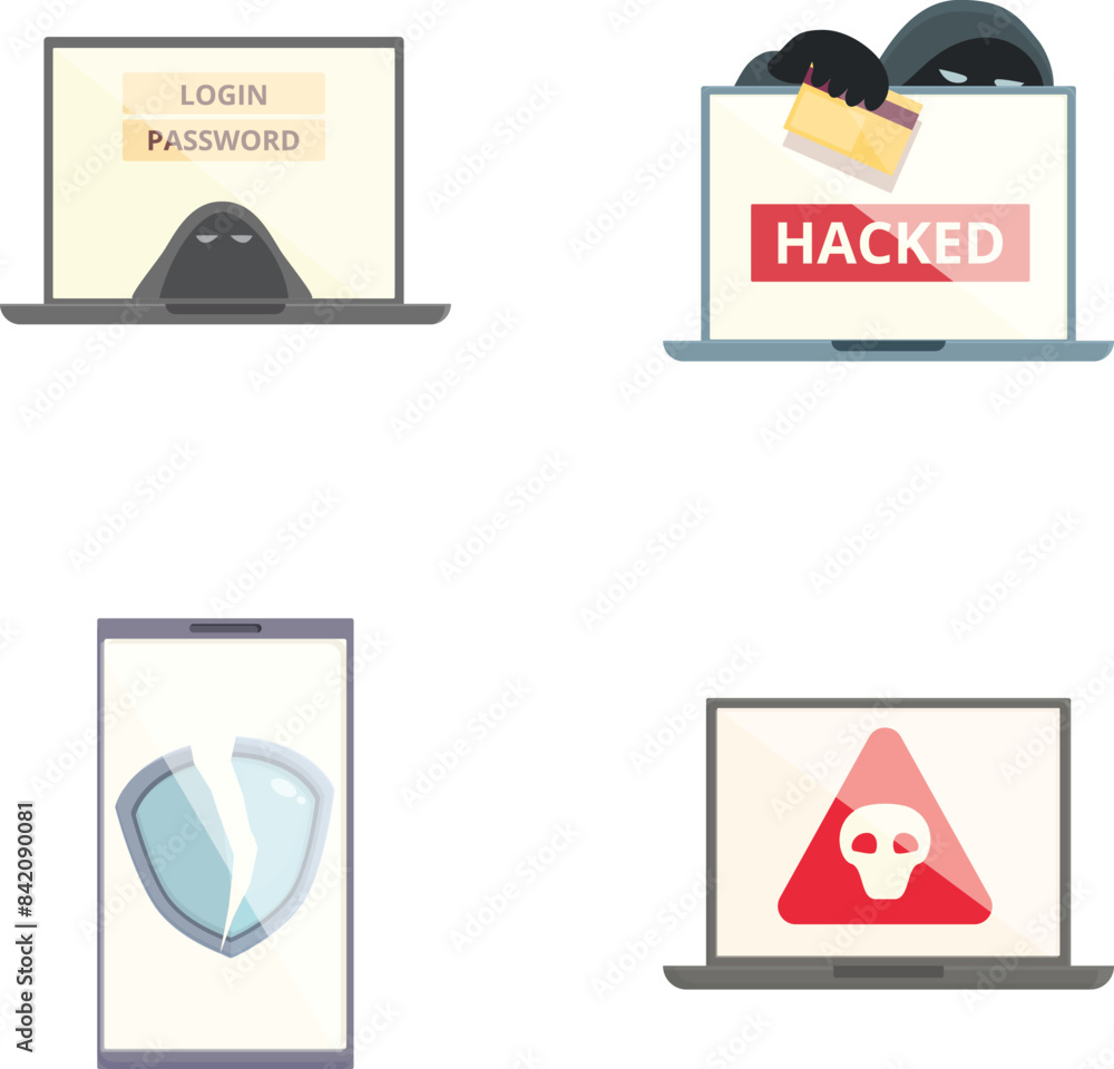Poster collection of four flat design icons showing cybersecurity concepts, including hacking and data prot