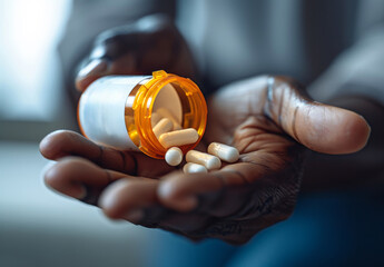 Cropped shot of unrecognizable man holding prescription pill bottle in his hand