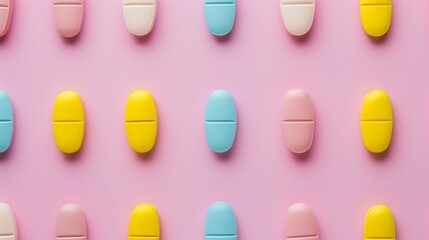 Colorful pills aligned on pink background, modern medical concept