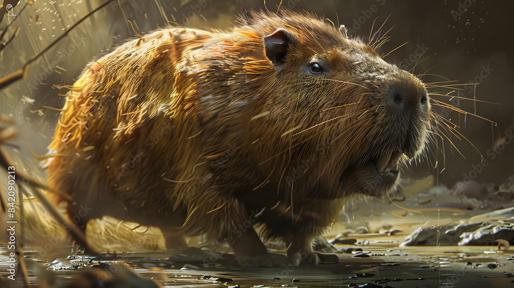 Poster a true-to-life fantasy rendering of an irate and filthy hairy capybara with acute quills.