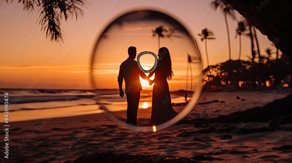 Sticker a ring on the beach at sunset