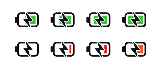 battery capacity charging icons set collection vector flat illustration