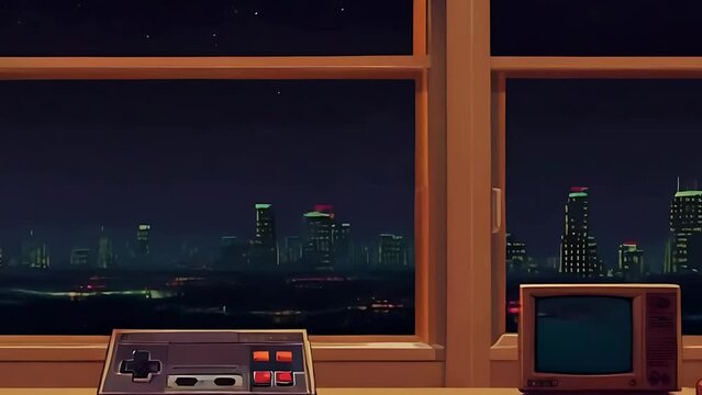 a gaming table with a window outside