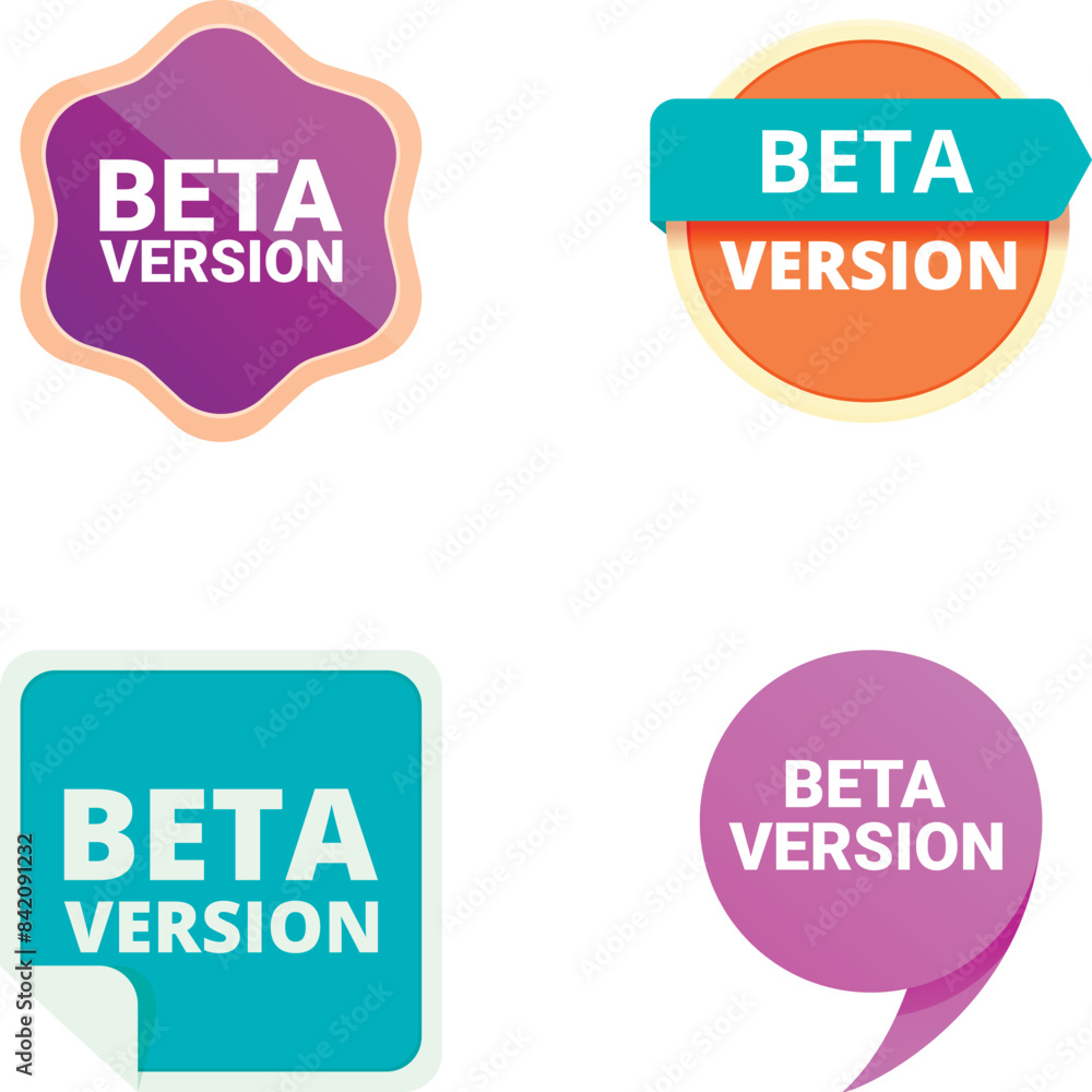 Poster four colorful beta version badges in various shapes for software development marketing