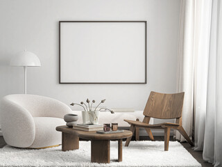 Frame mockup, ISO A paper size. Living room wall poster mockup. Interior mockup with house background. Modern interior design. 3D render
