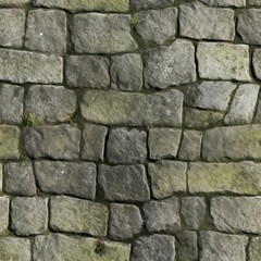 Fototapeta premium Grey Old Stone Pavement Top View, Granite Cobblestone Road, Green Moss, Wet Surface