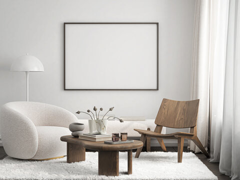 Frame mockup, ISO A paper size. Living room wall poster mockup. Interior mockup with house background. Modern interior design. 3D render
