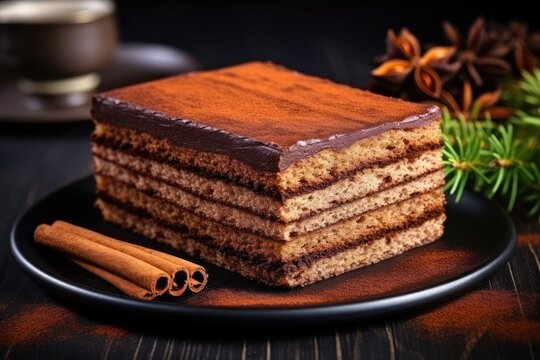 Traditional Polish Desert Piernik, Gingerbread, Layer Biscuit, Pryanik or Sponge Cake with Spices on Black