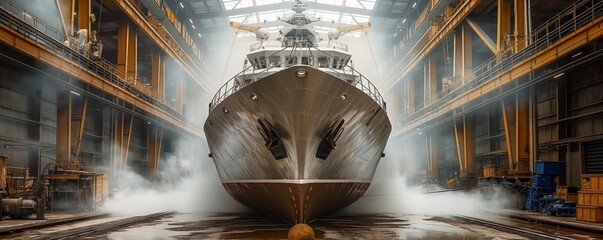 Ship in dry dock enveloped in mist