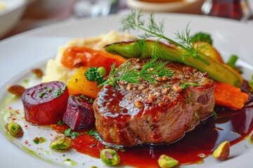 Veal Cheeks and Baked Vegetables, Demi Glace Sauce, Mashed Potatoes, Fried Beef