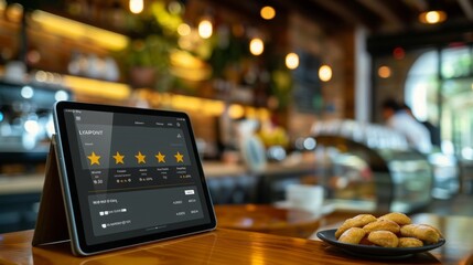 A tablet displaying a website with customer reviews sits on a wooden counter top in a cafe.