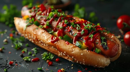 Delicious Hot Dog With Various Toppings On Dark Background