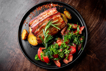A plate of grilled pork meat, herbs, and vegetables