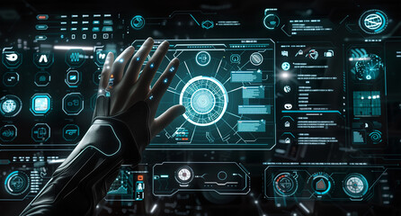 Fototapeta premium Hand Interacting with Digital Interface and Icons.