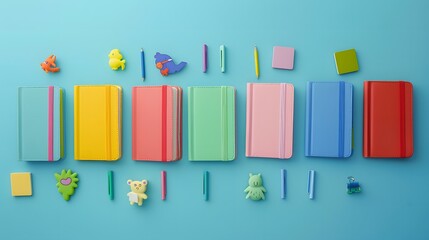 Colorful Notebooks and Cute Stationery on Blue Background, School Supplies Flat Lay with Copy Space, Fun and Playful Design for Students