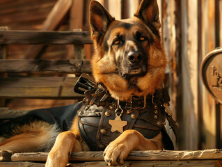 Shepherd dog with a sheriff's badge. Artificial intelligence.