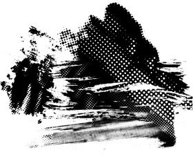 Glitch distorted noise destroyed horizontal cut out shapes . Trendy defect halftone stamp. Vector black shape overlay.