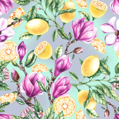 Watercolor lemon magnolia flower pattern. Lemon pattern. Magnolia pattern. Blooming pattern for textiles, fabrics, prints, clothing, wallpaper
