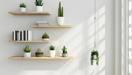 Modern shelves with books and cacti hanging on light wall