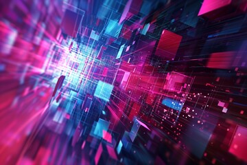 Vibrant digital explosion with pink and blue geometric shapes in motion, illustrating the dynamic energy of futuristic technology