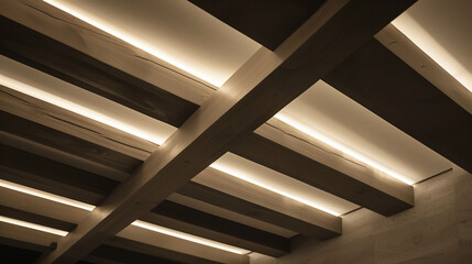 Naklejka premium Modern Ceiling Design with Intersecting Beams and LED Lighting