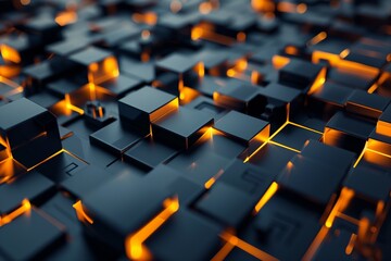 Fototapeta premium Abstract geometric blocks with glowing orange light, depicting a futuristic digital grid in a cybernetic environment