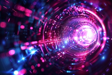 Vibrant tunnel of light with pink and blue hues, symbolizing high-speed data flow and digital transformation in a futuristic environment