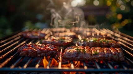 Grilled meat on a barbecue with smoke