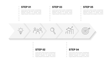 A sequential infographic of 5 consecutive stages or steps, options with modern icons reflecting the process. Modern infographics for business presentations