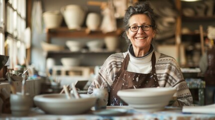 Smiling Female Potter in Ceramics Workshop Surrounded by Clay Creations