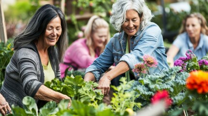 Joyful Senior Women Gardening Together in Community Garden