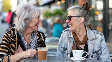 Joyful Senior Women Enjoying Coffee Together at Outdoor Cafe