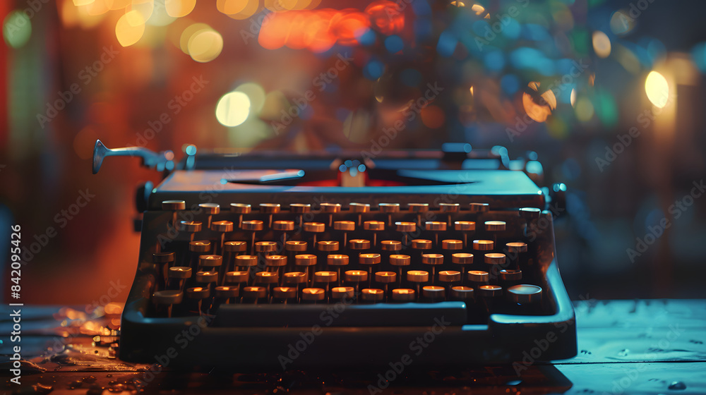 Poster a typewriter positioned in front of a luminous big bokeh. shallow depth of field. brilliant lighting