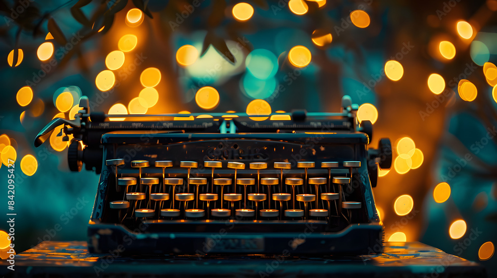 Poster a typewriter positioned in front of a luminous big bokeh. shallow depth of field. brilliant lighting