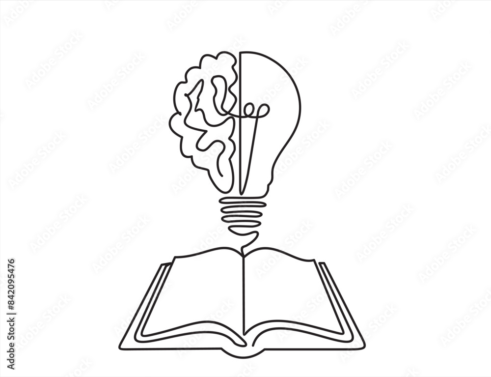 Aufkleber one single line drawing of shining light bulb with human brain above open text book logo identity. c