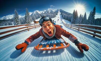 A Man’s Comical and Terrifying Sledding Adventure Down a Snowy Alpine Slope.