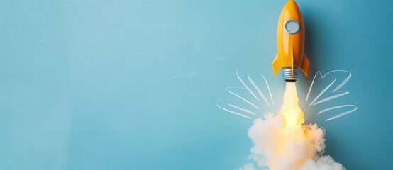 Yellow Light Bulb Rocket on Light Blue Background