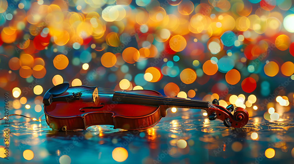 Poster A violin lying on a table against a colorful large bokeh. Shallow depth of field. Stunning illumination. Wide shot. 